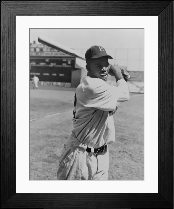 Framed Print : New Brooklyn Dodgers first baseman, Jackie Robinson at batting practice on April 11, 1847, Ebbets Field, New York City