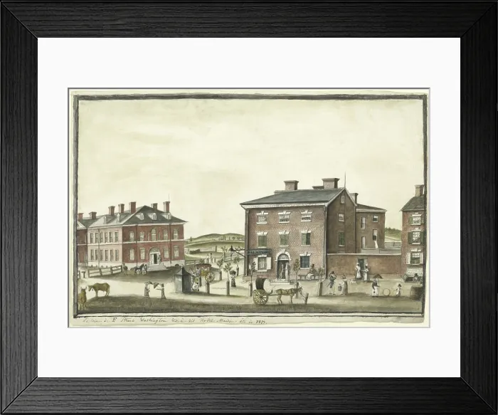 Framed Print : The corner of F Street in Washington DC, in 1817, by French artist, Baroness Anne-Marguerite-Henriette Hyde de Neuville. On left is the new Treasury Building