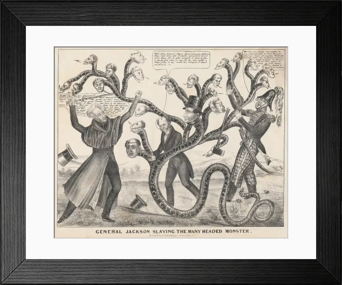 Framed Print : General Jackson slaying the many headed monster 1836. This cartoon is about President Andrew Jackson's war against the Bank of the United States Framed Print : General Jackson slaying the many headed monster 1836. This cartoon is about President Andrew Jackson's war against the Bank of the United States