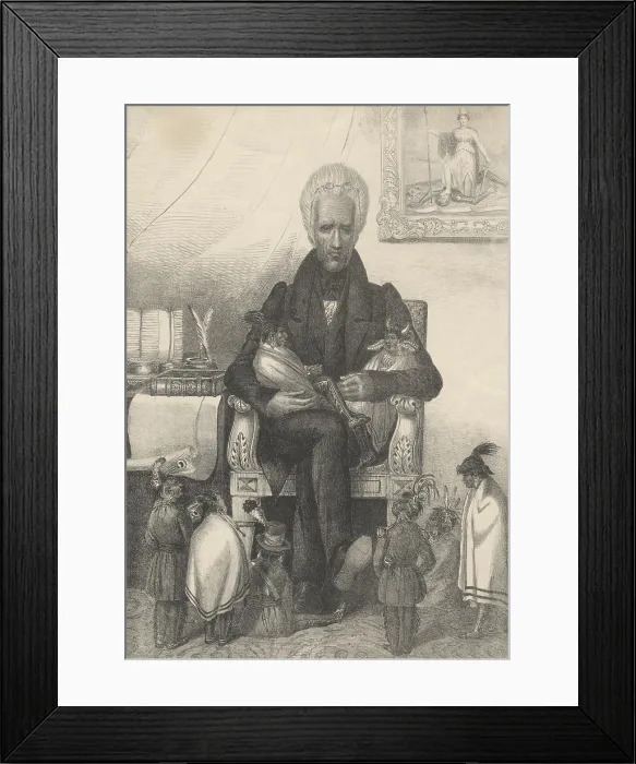 Framed Print : Andrew Jackson as the Great Father, sits in an armchair, holding two diminutive Native Americans on his lap, with others nearby at his feet