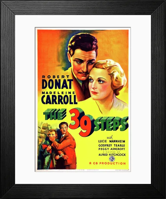 Framed Print : THE 39 STEPS, US poster, top from left: Robert Donat, Madeleine Carroll, bottom from left: Madeleine Carroll, Robert Donat, 1935