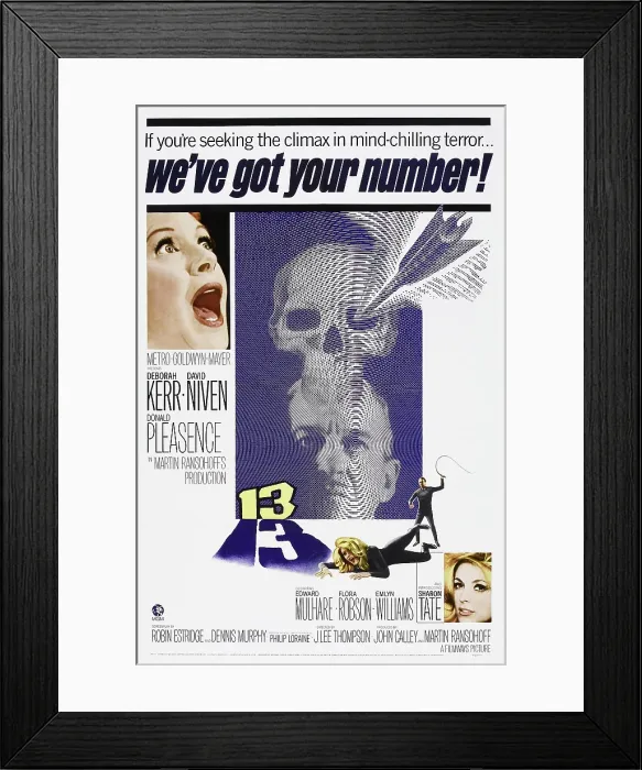 Framed Print : EYE OF THE DEVIL, (aka 13), top left: Deborah Kerr, center top: David Niven, bottom right: Sharon Tate on poster art, 1966