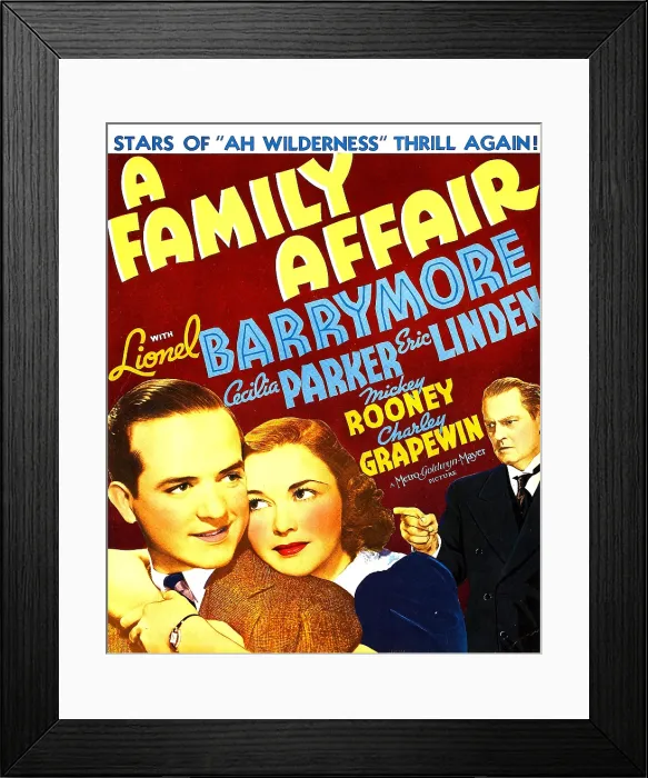Framed Print : A FAMILY AFFAIR, from left, Eric Linden, Cecilia Parker, Lionel Barrymore on window card, 1937