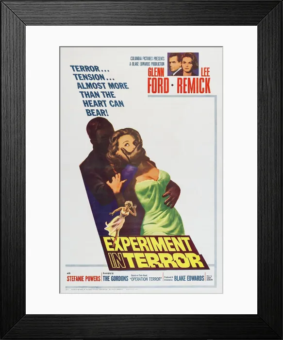 Framed Print : EXPERIMENT IN TERROR, top l-r: Glenn Ford, Lee Remick, bottom right: Lee Remick on poster art, 1962