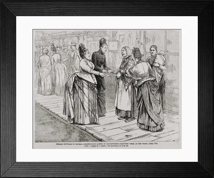 Framed Print : Scene at the polls of Leavenworth, Kansas, where women had the right to vote in 1887. Three fashionably dressed women solicit votes from two plainly dressed women
