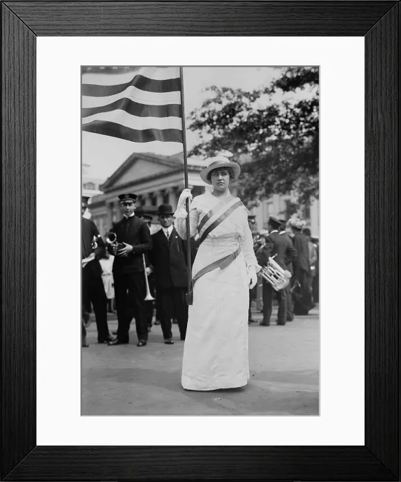 Framed Print : Suffragette, Helen Hitchcock, holding an American flag in a women's suffrage parade, 1914 (BSLOC_2018_2_64)