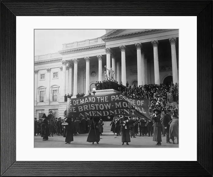 Framed Print : Suffragettes demonstrate for passage of the Bristow Montell Amendment. It set forth the right to vote shall not be abridged in the United States on account of sex Framed Print : Suffragettes demonstrate for passage of the Bristow Montell Amendment. It set forth the right to vote shall not be abridged in the United States on account of sex