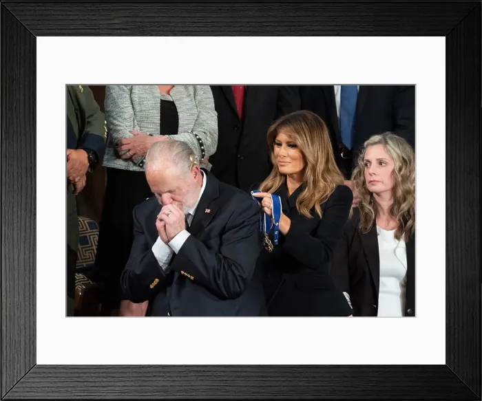 Framed Print : Radio personality Rush Limbaugh becomes emotional as First Lady Melania Trump presents him with the Presidential Medal of Freedom