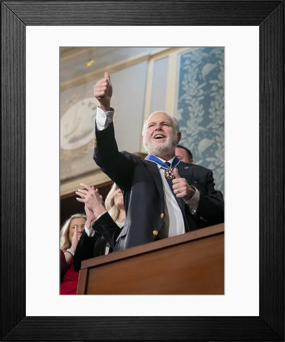 Framed Print : Rush Limbaugh, recently diagnosed with advanced lung cancer, gives a thumbs-up to President Donald Trump from the House Gallery, Feb. 4, 2020