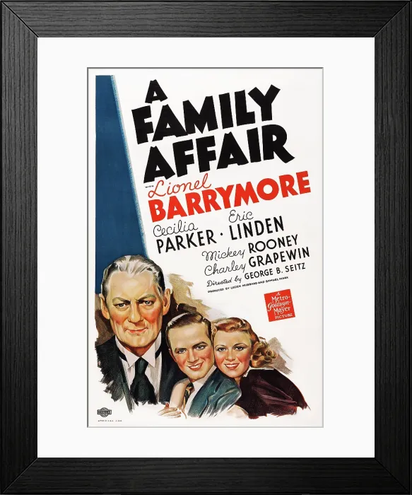 Framed Print : A FAMILY AFFAIR, US poster, from left: Lionel Barrymore, Eric Linden, Cecilia Parker, 1937
