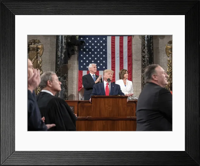 Framed Print : President Donald Trump delivers the State of the Union address, Feb. 4, 2020. VP Mike Pence and Speaker Nancy Pelosi stand behind him (BSLOC_2020_2_211)