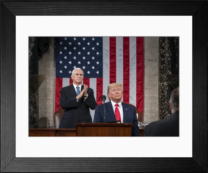 Framed Print : President Donald Trump delivers the State of the Union address, Feb. 4, 2020. VP Mike Pence applauds, while Speaker Nancy Pelosi remains seated (BSLOC_2020_2_213)