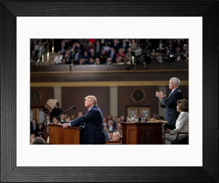Framed Print : President Donald Trump delivers the State of the Union address, Feb. 4, 2020. VP Mike Pence applauds, while Speaker Nancy Pelosi remains seated (BSLOC_2020_2_214)
