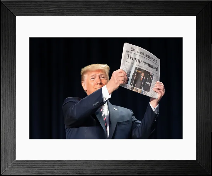Framed Print : President Donald Trump holds up a USA Today newspaper with the headline ACQUITTED at the National Prayer Breakfast Thursday, Feb. 6, 2020 Framed Print : President Donald Trump holds up a USA Today newspaper with the headline ACQUITTED at the National Prayer Breakfast Thursday, Feb. 6, 2020