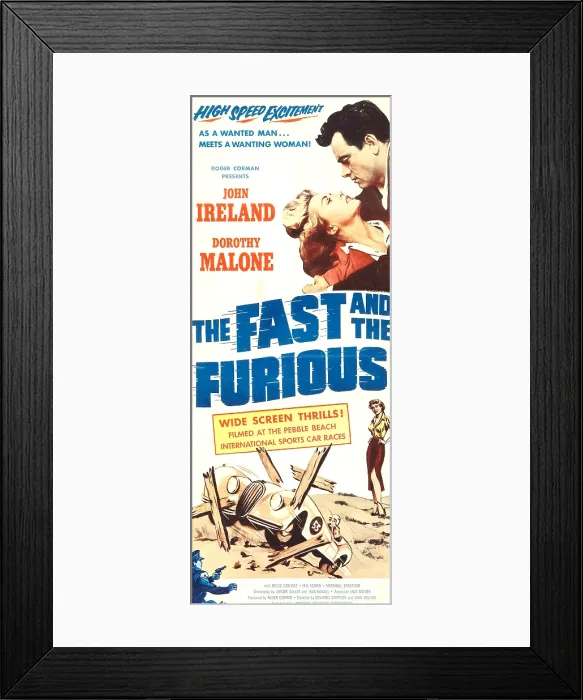 Framed Print : THE FAST AND THE FURIOUS, top l-r: Dorothy Malone, John Ireland on insert poster art, 1955 Framed Print : THE FAST AND THE FURIOUS, top l-r: Dorothy Malone, John Ireland on insert poster art, 1955