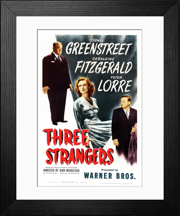Framed Print : THREE STRANGERS, from left: Sydney Greenstreet, Geraldine Fitzgerald, Peter Lorre on poster art, 1946