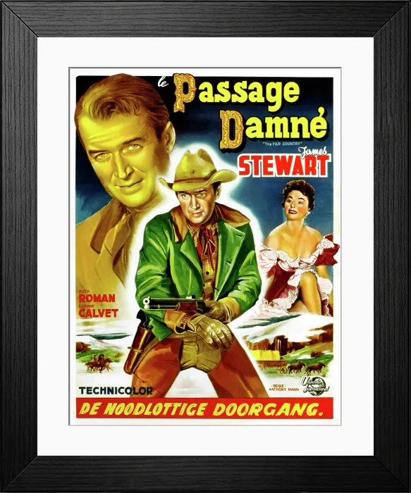 Framed Print : THE FAR COUNTRY (aka PASSAGE DAMNE), James Stewart, Ruth Roman, (Belgian poster art), 1954
