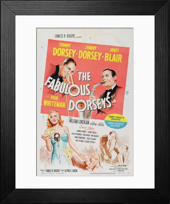 Framed Print : THE FABULOUS DORSEYS, US poster, top from left: Tommy Dorsey, Jimmy Dorsey, bottom from left: Janet Blair, William Lundigan, Janet Blair, Paul Whiteman, Jimmy Dorsey, 1947