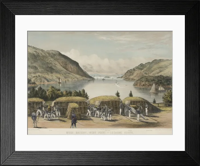 Framed Print : The Siege Battery at West Point, looking north, up the Hudson River, 1859. Cadets perform drill of firing three cannons (BSLOC_2019_7_57) Framed Print : The Siege Battery at West Point, looking north, up the Hudson River, 1859. Cadets perform drill of firing three cannons (BSLOC_2019_7_57)
