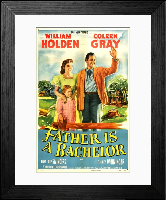 Framed Print : FATHER IS A BACHELOR, US poster, from left: Coleen Gray, Mary Jane Saunders (front), William Holden, 1950