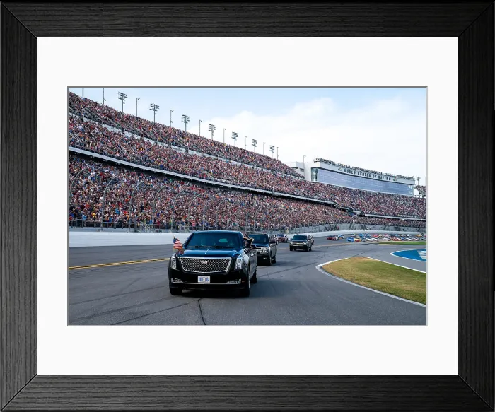 Framed Print : The President Trump's limousine leads the ceremonial first lap of the NASCAR Daytona 500 Race, Feb. 16, 2020