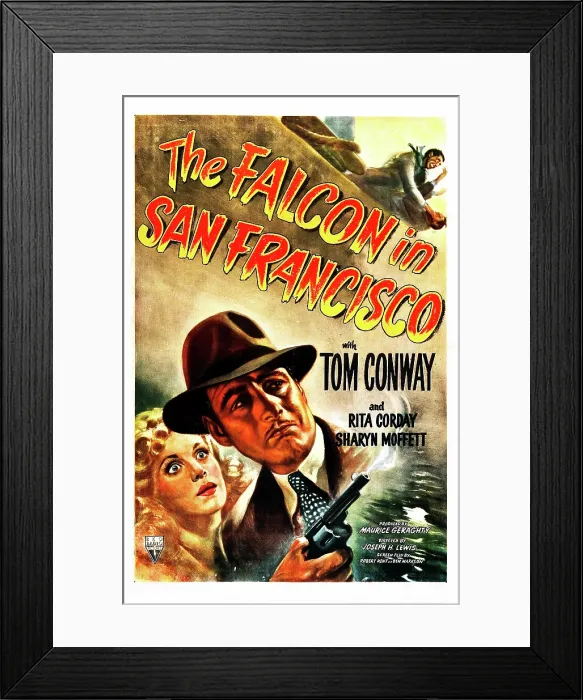 Framed Print : THE FALCON IN SAN FRANCISCO, US poster, from left: Rita Corday, Tom Conway, 1945