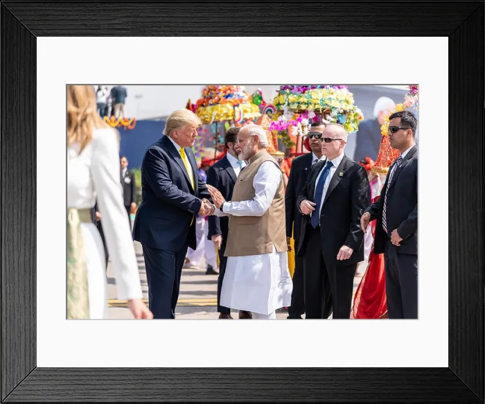 Framed Print : President Trump is greeted by Indian Prime Minister Narendra Mod, on his arrival in Ahmedabad, India, Feb. 24, 2020 (BSLOC_2020_2_227)