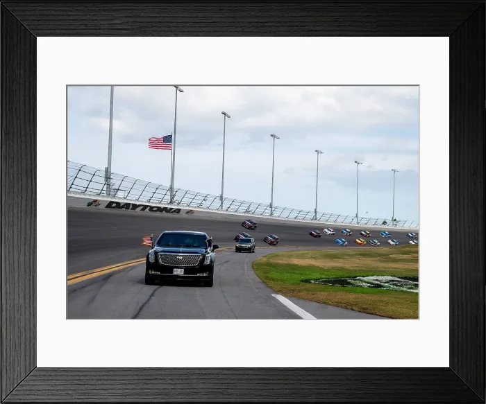 Framed Print : The limousine of President Donald Trump, the Grand Marshall ceremonial first lap of the NASCAR Daytona 500 Race, Feb. 16, 2020 (BSLOC_2020_2_224)