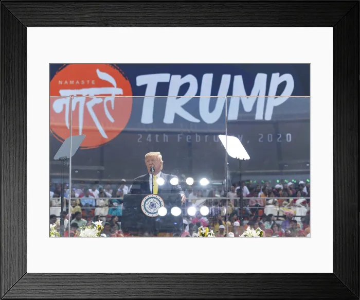 Framed Print : President Donald Trump addresses a 125, 000 crowd in the world's biggest cricket stadium in Ahmedabad, Feb. 24, 2020