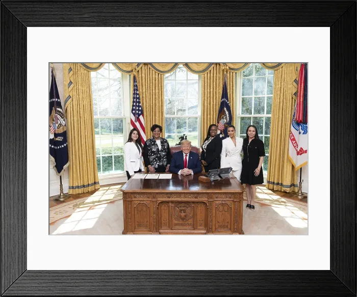Framed Print : President Donald Trump, joined by Kim Kardashian West (in white suit), meet with sentencing commutation recipients Framed Print : President Donald Trump, joined by Kim Kardashian West (in white suit), meet with sentencing commutation recipients