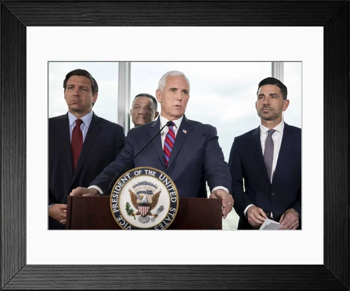 Framed Print : Vice President Mike Pence at a Coronavirus press conference, March 7, 2020, Fort Lauderdale, Florida