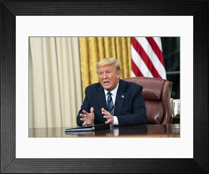 Framed Print : President Donald Trump addresses the nation from the Oval Office of the White House, March 11, 2020 Framed Print : President Donald Trump addresses the nation from the Oval Office of the White House, March 11, 2020