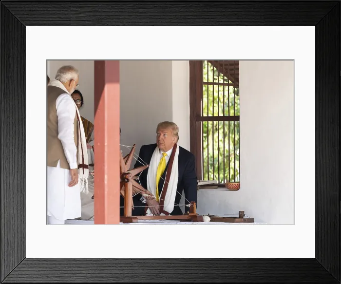 Framed Print : President Donald Trump's first Indian event was a visit to historic Sabarmati Ashram, where Mahatma Gandhi and his wife lived in the 1920s and 1930s Framed Print : President Donald Trump's first Indian event was a visit to historic Sabarmati Ashram, where Mahatma Gandhi and his wife lived in the 1920s and 1930s