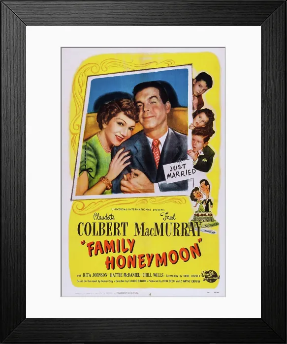 Framed Print : FAMILY HONEYMOON, US poster art, insert from left: Claudette Colbert, Fred MacMurray; right from top: Peter Miles, Gigi Perreau, Jimmy Hunt, 1949