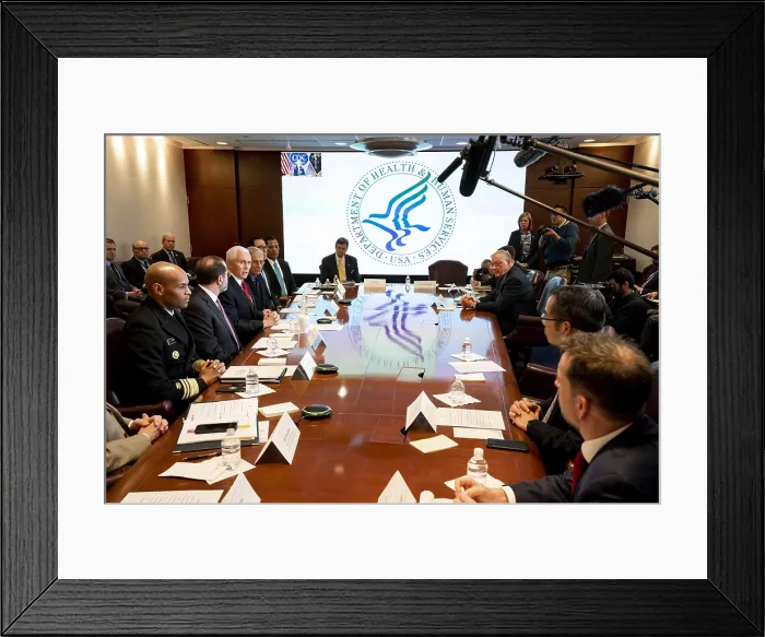 Framed Print : VP Mike Pence meets with the President's Coronavirus Taskforce, Feb. 27, 2020. Its mission is to monitor, contain, and mitigate the spread of the virus Framed Print : VP Mike Pence meets with the President's Coronavirus Taskforce, Feb. 27, 2020. Its mission is to monitor, contain, and mitigate the spread of the virus