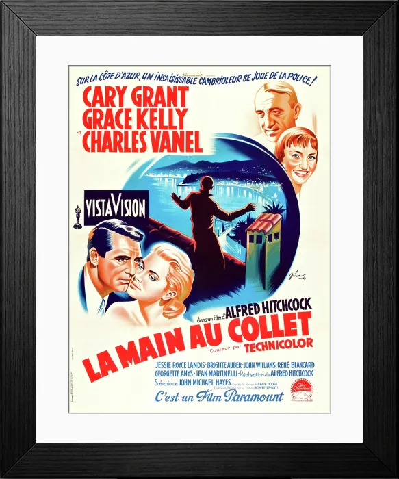 Framed Print : TO CATCH A THIEF, (aka LA MAIN AU COLLET), bottom left from left: Cary Grant, Grace Kelly on French poster art, 1955