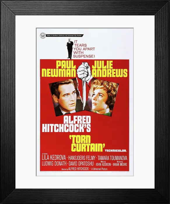 Framed Print : TORN CURTAIN, US poster art, top: Alfred Hitchcock, bottom from left: Paul Newman, Julie Andrews, 1966 Framed Print : TORN CURTAIN, US poster art, top: Alfred Hitchcock, bottom from left: Paul Newman, Julie Andrews, 1966