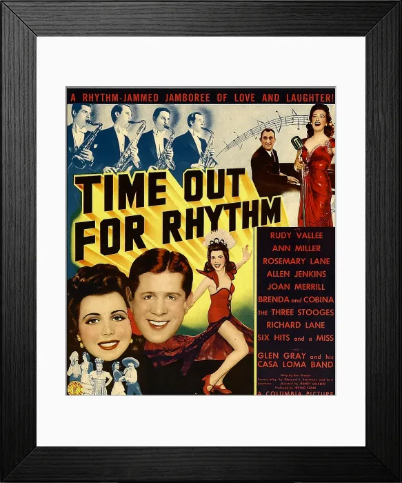 Framed Print : TIME OUT FOR RHYTHM, top from left: Allen Jenkins, Rosemary Lane, bottom from left: Ann Miller, Rudy Vallee on window card, 1941 Framed Print : TIME OUT FOR RHYTHM, top from left: Allen Jenkins, Rosemary Lane, bottom from left: Ann Miller, Rudy Vallee on window card, 1941