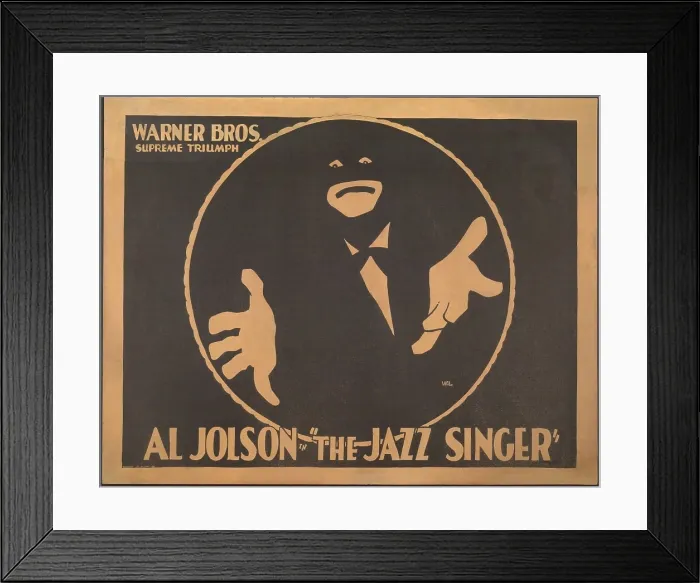 Framed Print : Poster for the 1927 film, THE JAZZ SINGER, featuring a silhouette of a black faced singer played by Al Jolson (BSLOC_2020_2_26)