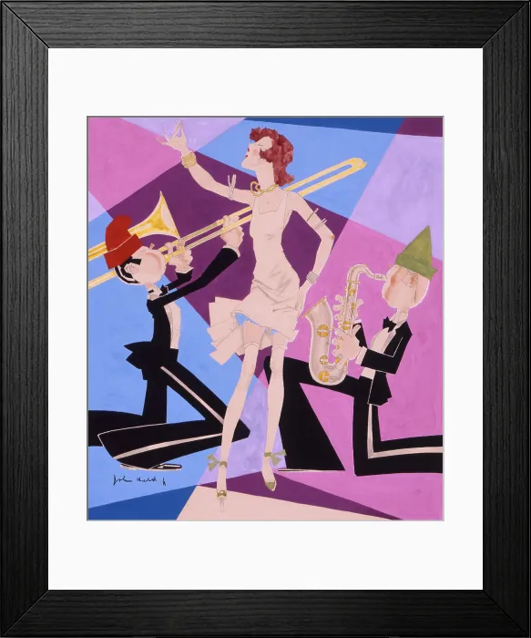 Framed Print : Colorful 1927 John Held drawing of a jazz singing flapper flanked by trombone and saxophone players (BSLOC_2020_2_27)