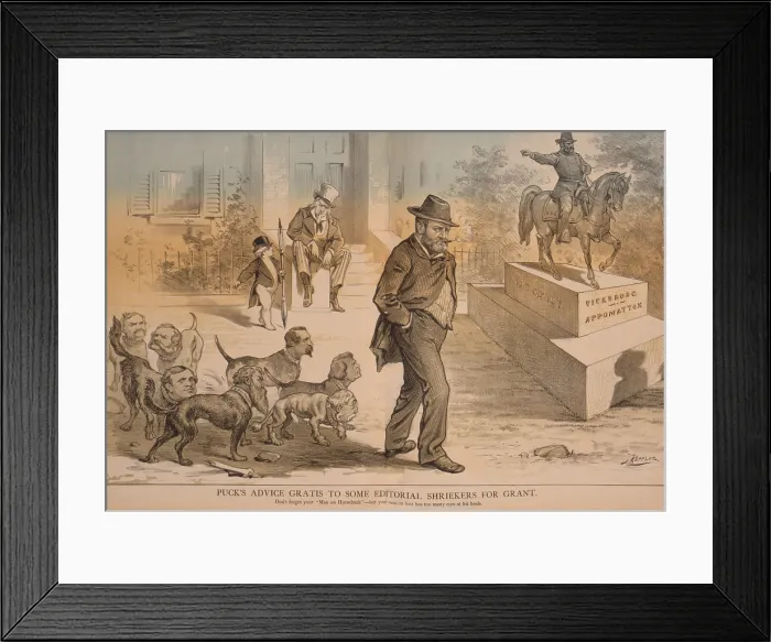 Framed Print : 1878 political cartoon shows former president Ulysses S. Grant followed by dogs that represent the corrupt men who served in his presidential administration, 1869-77 Framed Print : 1878 political cartoon shows former president Ulysses S. Grant followed by dogs that represent the corrupt men who served in his presidential administration, 1869-77