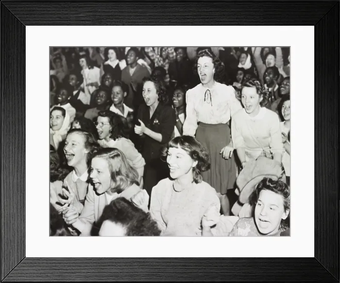 Framed Print : Racially integrated audience listens as singer Frank Sinatra speaks against racial prejudice in Gary, Indiana, Nov. 1, 1945