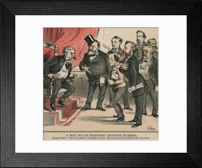 Framed Print : 1881 political cartoon. Ulysses S. Grant recommends some of his friends to a horrified President Chester A. Arthur