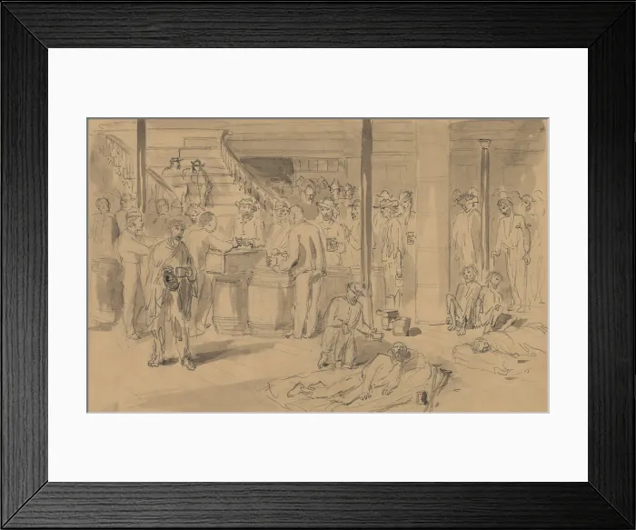 Framed Print : Exchanged Union POWs receiving rations of coffee, bread, and meat, on board the Flag of Truce boat NEW YORK, in late 1864