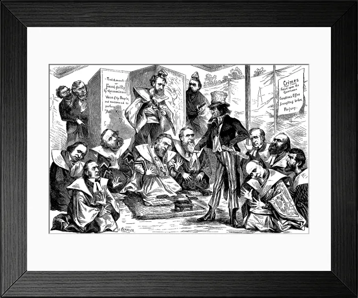 Framed Print : Austrian born, American cartoonist, Joseph Keppler, depicts government culprits of the Credit Mobilier scandal, as samurai receiving instruction in ritual suicide, hara-kiri
