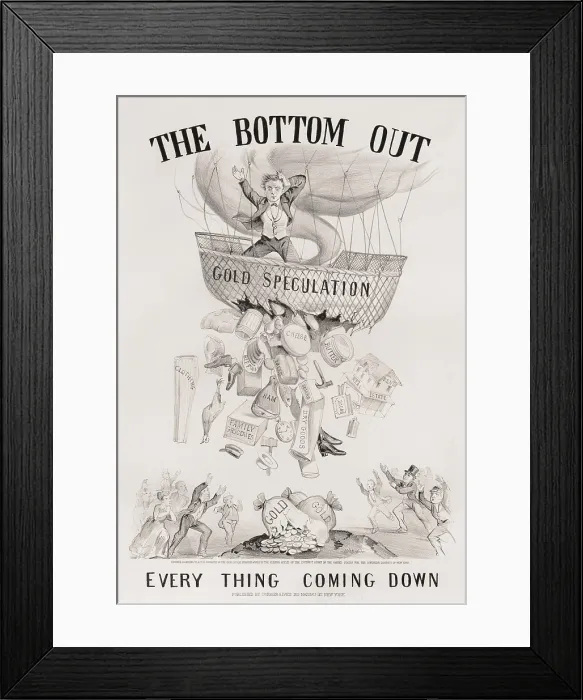 Framed Print : Panic of 1869. Political cartoon shows Everything Coming Down by Currier & Ives