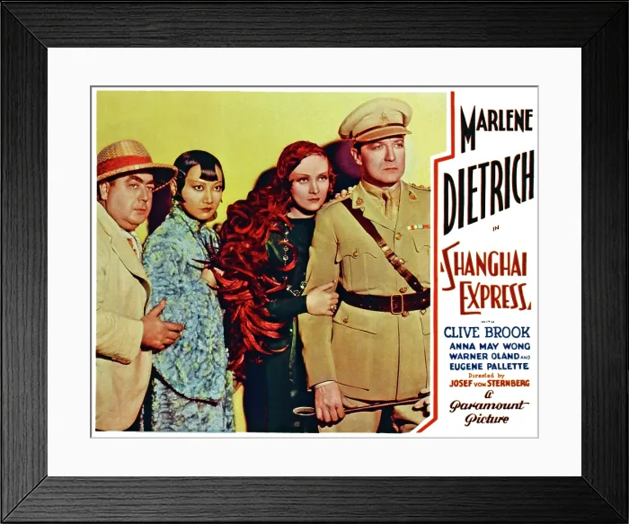 Framed Print : SHANGHAI EXPRESS, US lobbycard, from left: Eugene Pallette, Anna May Wong, Marlene Dietrich, Clive Brook, 1932