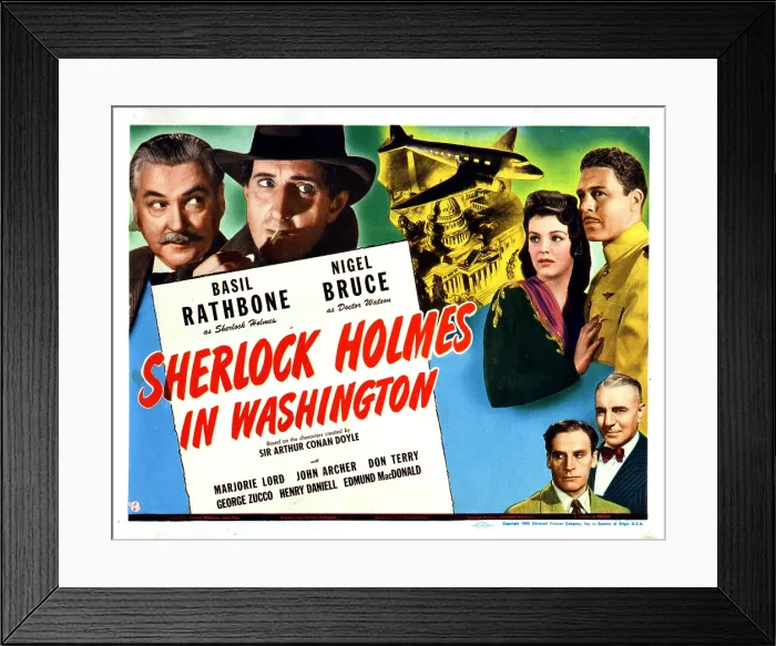 Framed Print : SHERLOCK HOLMES IN WASHINGTON, Nigel Bruce, Basil Rathbone, Marjorie Lord, John Archer, Gavin Muir, George Zucco, 1943