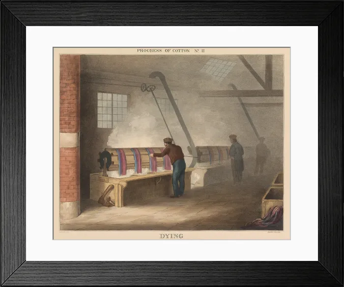 Framed Print : British 1840s depiction the Progress of Cotton, by Richard Barfoot, 11 of 12. The long length of woven fabric is dyed in mechanized vats (BSLOC_2019_7_136) Framed Print : British 1840s depiction the Progress of Cotton, by Richard Barfoot, 11 of 12. The long length of woven fabric is dyed in mechanized vats (BSLOC_2019_7_136)