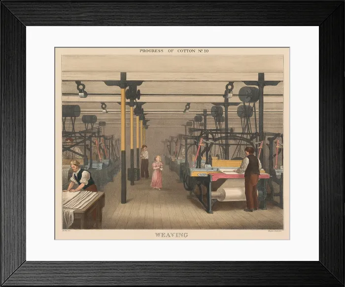 Framed Print : British 1840s depiction the Progress of Cotton, by Richard Barfoot, 10 of 12. The previous steps culminate in the machine Weaving of the fabric Framed Print : British 1840s depiction the Progress of Cotton, by Richard Barfoot, 10 of 12. The previous steps culminate in the machine Weaving of the fabric